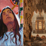 À gauche : Claire Tabouret, Maquette détail © Claire Tabouret © photo Marten Elder, 2025 / À droite : Eva Jospin, vue d’exposition Palazzo, 2023, Palais des papes, Avignon © Photo Benoît Fougeirol © Adagp, Paris, 2025