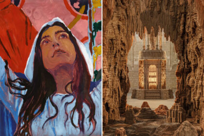 À gauche : Claire Tabouret, Maquette détail © Claire Tabouret © photo Marten Elder, 2025 / À droite : Eva Jospin, vue d’exposition Palazzo, 2023, Palais des papes, Avignon © Photo Benoît Fougeirol © Adagp, Paris, 2025