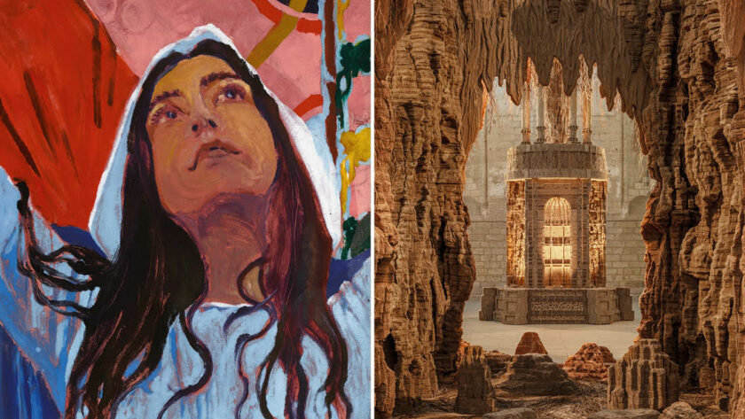 À gauche : Claire Tabouret, Maquette détail © Claire Tabouret © photo Marten Elder, 2025 / À droite : Eva Jospin, vue d’exposition Palazzo, 2023, Palais des papes, Avignon © Photo Benoît Fougeirol © Adagp, Paris, 2025