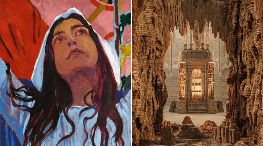 À gauche : Claire Tabouret, Maquette détail © Claire Tabouret © photo Marten Elder, 2025 / À droite : Eva Jospin, vue d’exposition Palazzo, 2023, Palais des papes, Avignon © Photo Benoît Fougeirol © Adagp, Paris, 2025