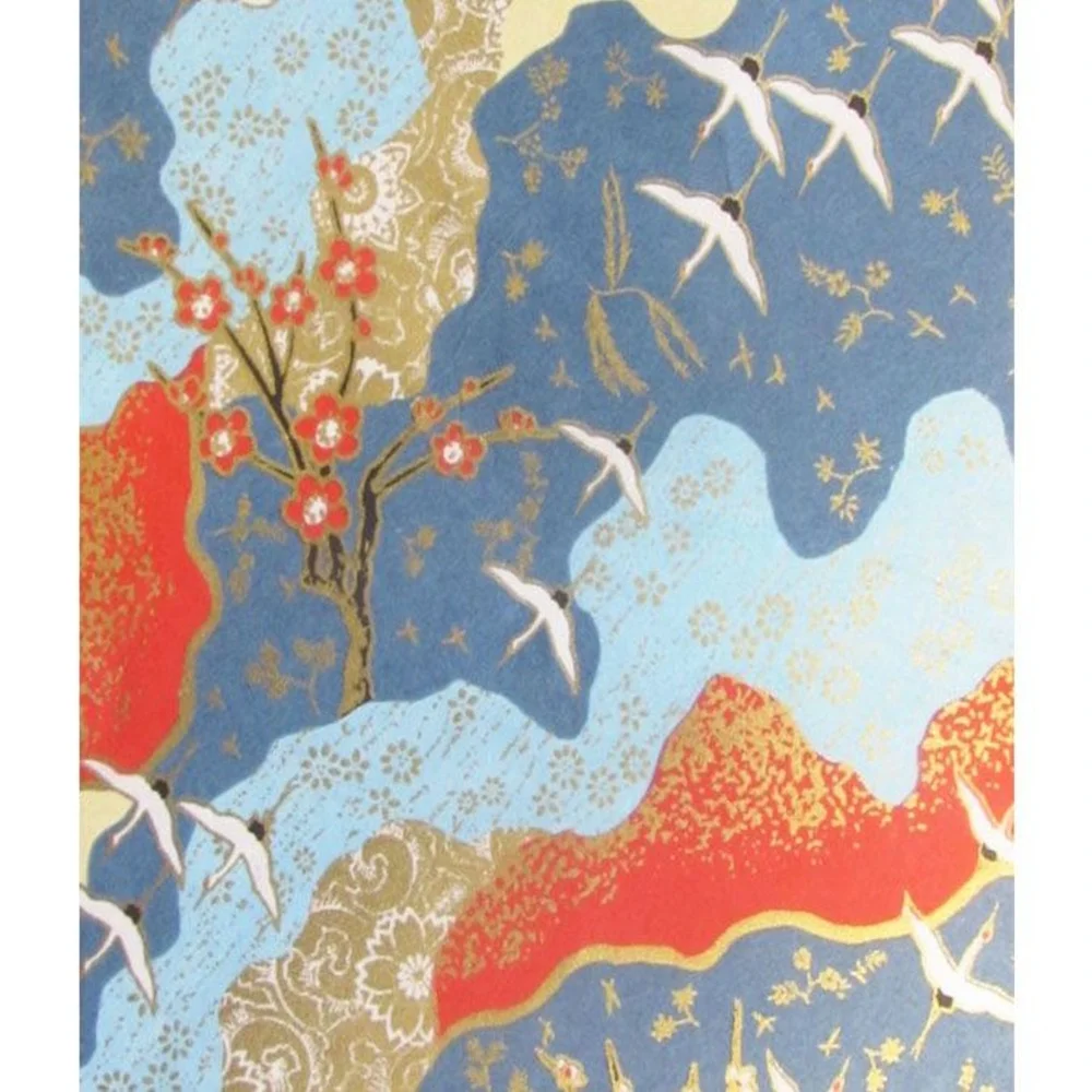 Papier Japonais Grues et cerisiers fond bleu